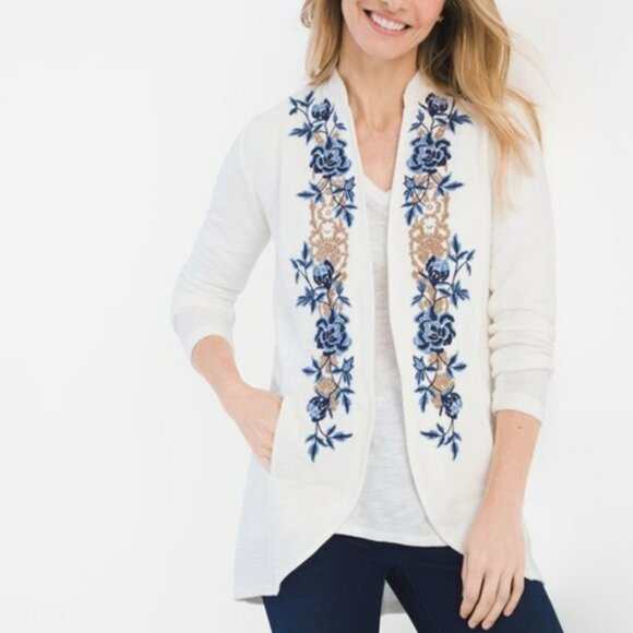 Chicos Zenergy Blue WhiteFloral Embroidered Open Floral Jacket Sweater Size 3 XL - Picture 1 of 16